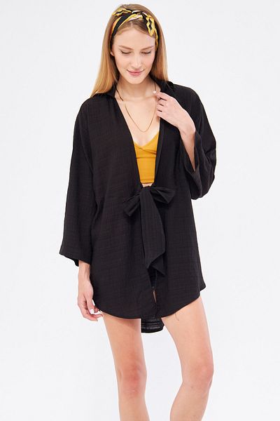 armonika Cămașă kimono cu dungi negre pentru femei - cu cravată în față, ARM-24Y 001101
