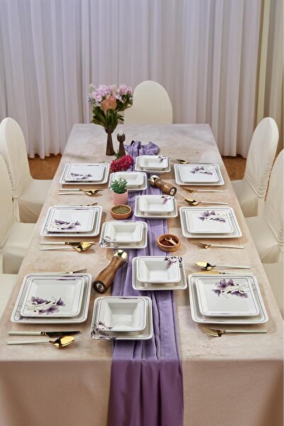 Erbaşlar Lüx Seramik Lotus Çiçeği 24 Parça 6 Kişilik Yemek Takımı, Seti