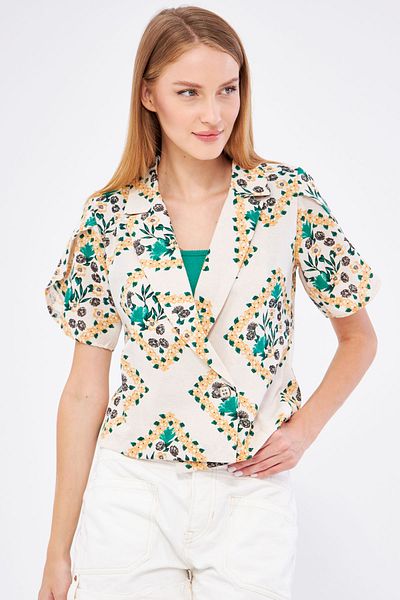 armonika Jachetă crop din in cu imprimeu smarald - mâneci despicate, mânecă scurtă ARM-24Y 001095