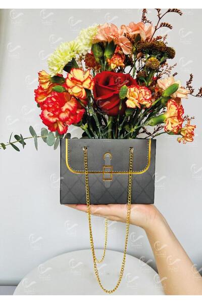 t tuğset etiket Zincirli Çiçek Taşıma Çantası - Karton Çiçek Buket Çikolata Gül Hediye Kutusu Çanta Siyah 2 adet -T8