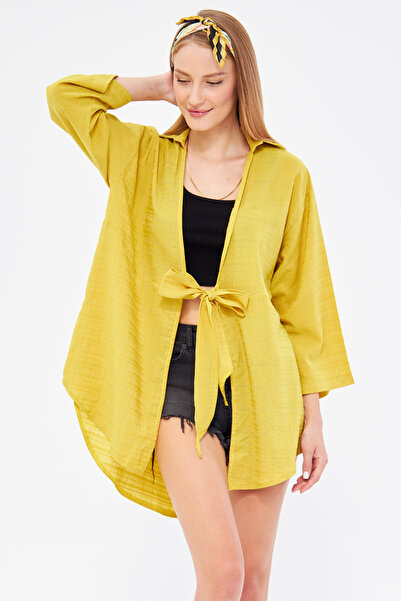 armonika Cămașă kimono pentru femei, verde ulei, cu dungi în față și cravată,...