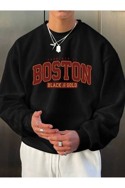 CAST COLLECTİON Hanorac oversize negru cu imprimeu Boston pentru bărbați