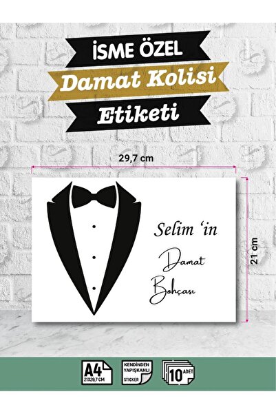 t tuğset etiket İsimli Çeyiz Etiketi - A4 Ebat- 10'lu Paket Kendinden Yapışkanlı Çeyiz Kolisi Sticker -Damat Bohçası