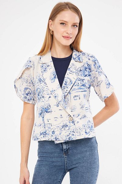 armonika Jachetă crop din in cu imprimeu albastru închis - mânecă despicată, mânecă scurtă ARM-24Y 001095