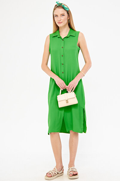 armonika Women's Green Collar Dress - Buttoned, ARM-17Y00028