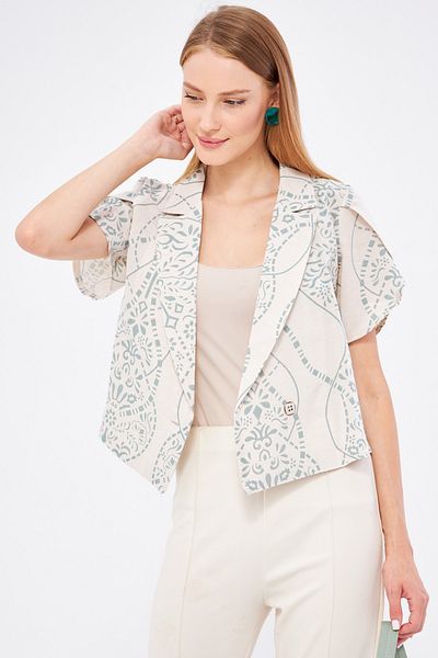 armonika Jachetă crop din in cu imprimeu alb-mentă - mânecă despicată, mânecă scurtă ARM-24Y 001095