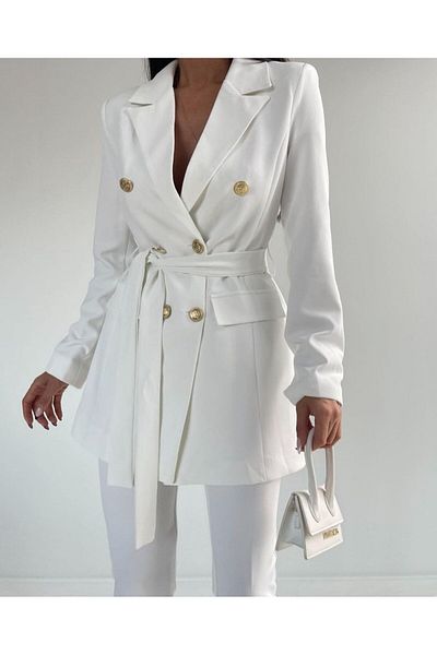 Moda İkra Double Fabric 87%Polyester%13Elastane Belted Jacket and Trousers Set - Button Detailed