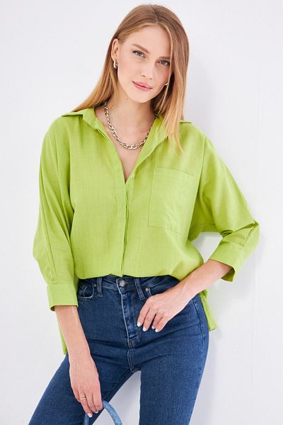 armonika Cămașă de in verde fistic - buzunare și largi, ARM-21Y 001035
