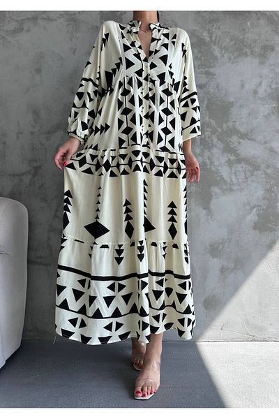 ZF BUTİK Übergroßes, gemustertes Kleid mit Knopfleiste und Chief-Kragen