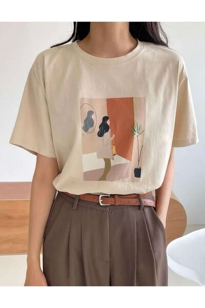 DEZZİİ Bež Oversize kroj Žene T-shirt - Štampano