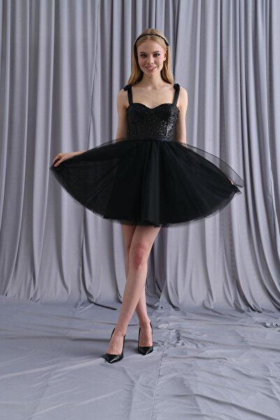 Tangül&Ali'S Moda Evi Siyah Payetli Mini Elbise