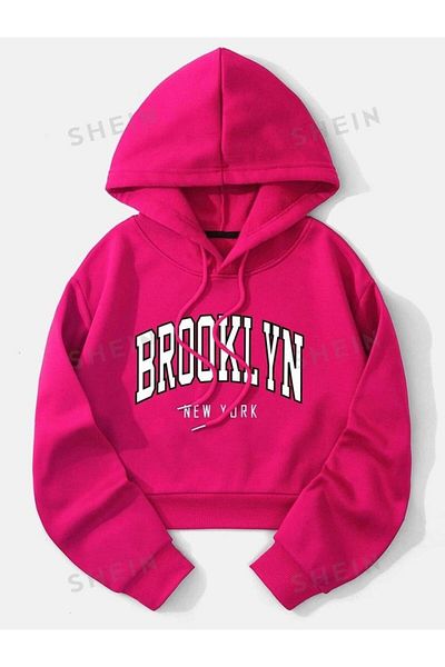 Keywest Hanorac crop cu glugă supradimensionat pentru copii cu imprimeu Brooklyn