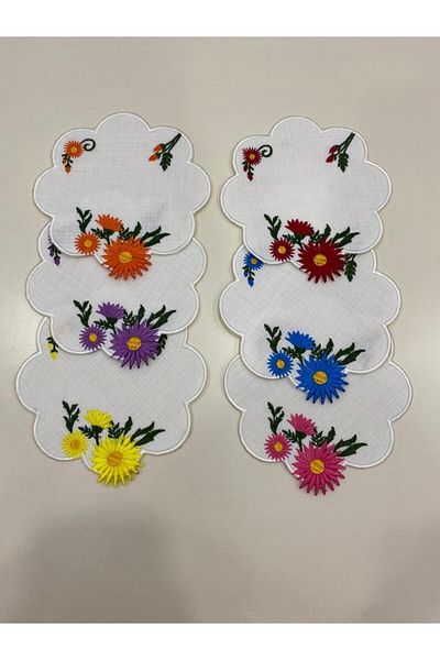 İNCİ ÇEYİZ 6 Different Colors Linen Fabric Sun Flower Patterned Embroidered Coffee Side Cocktail Napkin & Coaster