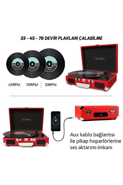 Record Master T310ch Pikap Plak Çalar- Kırmızı - Şarj Edilebilir - 33, 45, 78 Devir - Universal Iğneli