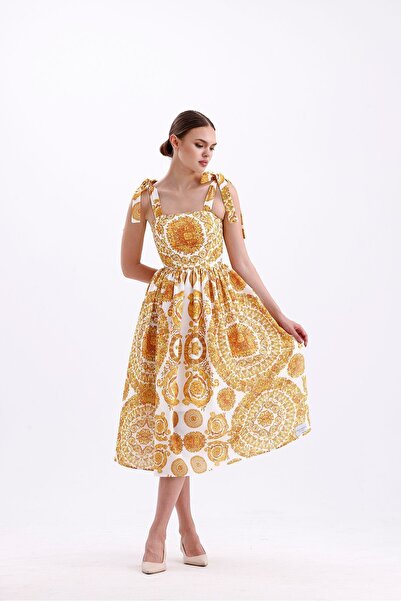 Tangül&Ali'S Moda Evi Sarı Keten Midi Elbise