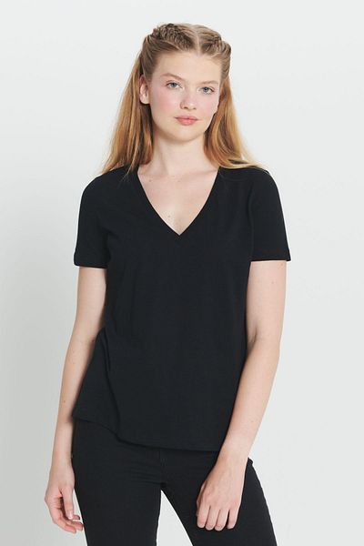 AC&Co / Altınyıldız Classics Tricou de bază pentru femei, negru, cu decolteu în V, 100% bumbac - Fit standard