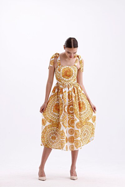 Tangül&Ali'S Moda Evi Sarı Keten Midi Elbise