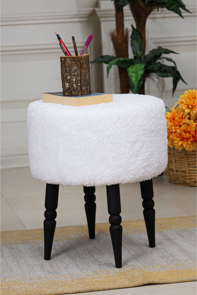 PUFMANYA ETNA MİX BEYAZ PELUŞ DOĞAL SİYAH GÜRGEN AYAKLI PUF KOLTUK BENCH