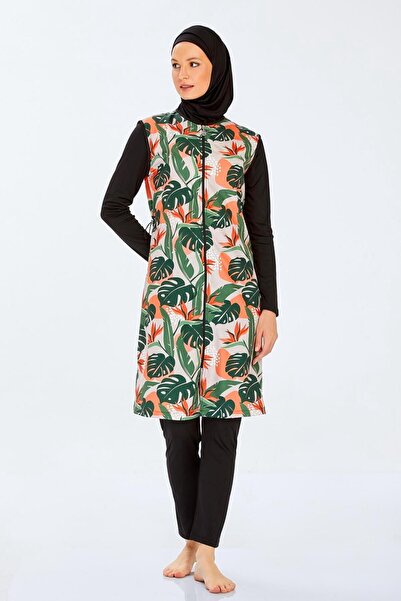 MEBA Πορτοκαλί Πράσινο Μοτίβο Φύλλων - Μακρυμάνικο Μαγιό Hijab με φερμουάρ 9257