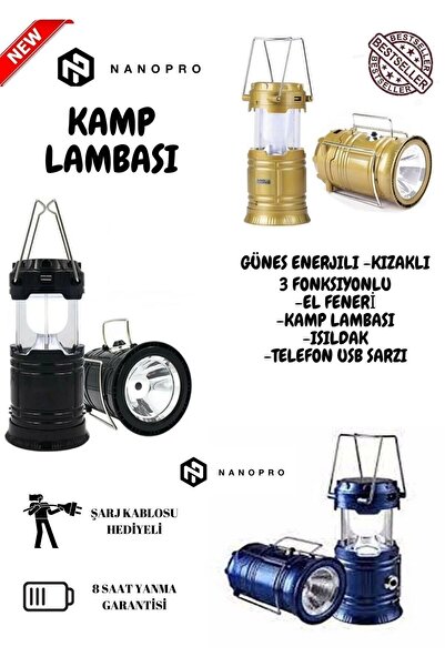 Nanopro Şarjlı Kamp Lambası Güneş Enerjili Kızaklı Kamp Feneri Led Lamba Işıl...