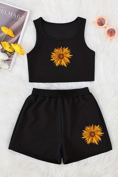 MYADA Floral Printed Watercolor Shorts and Top Set - Crop