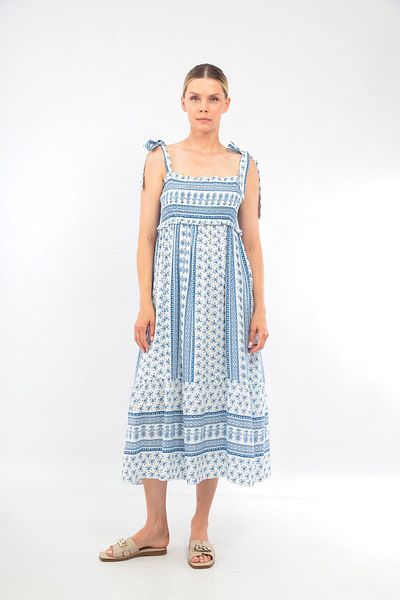 soBasic Rochie din viscoză cu imprimeu albastru-alb cu bretele reglabile
