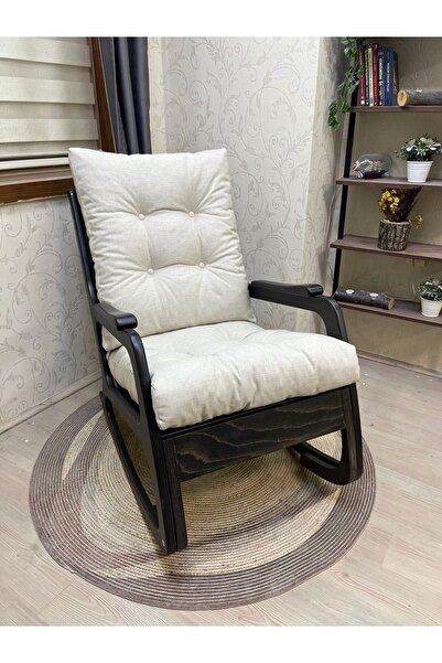 Asedia Kontes Siyah Keten Krem Dolgu Minderli Sallanan Sandalye Dinlenme Koltuğu