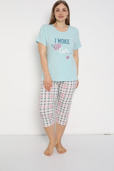 Rubina Secret Set de pijamale Capri pentru damă - mânecă scurtă curbată, îmbrăcăminte de casă din bumbac și bumbac, mărime Plus