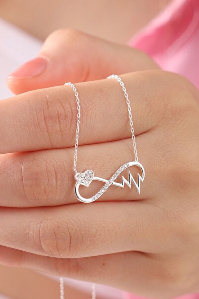 Bilsen Store 925 Ayar Gümüş Zincirli Zirkon Taşlı Ritim Kalp Sonsuzluk Modeli Kolye