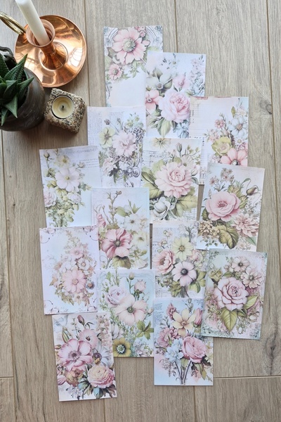 Mona Craftist 15 Adet Eskitme Vintage Pembe Gül Temalı Scrapbook Kağıt Seti B...