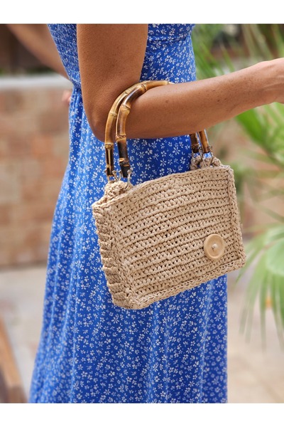 crafttatelier KREM RENK BAMBU ASKILI EL YAPIMI RAFYA EL VE OMUZ ÇANTASI