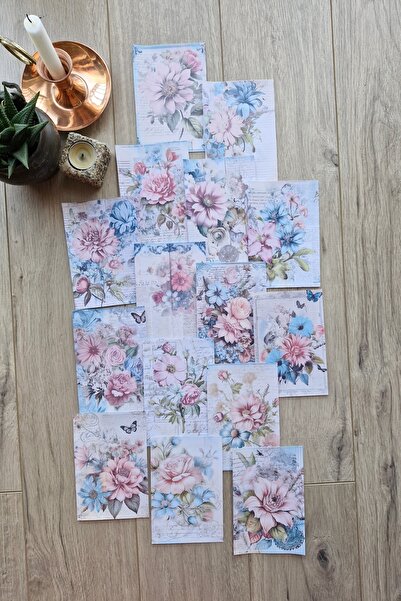 Mona Craftist 15 Adet Eskitme Vintage Pembe Mavi Temalı Scrapbook Kağıt Seti ...