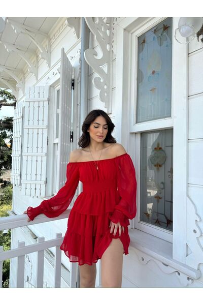 Sindimoda Kat Kat Volanlı Şifon Elbise 2831 Kırmızı