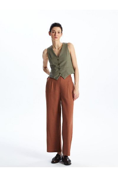 LC Waikiki LCWAIKIKI Classic Women - Pantaloni uni cu talie elastică în amestec de in