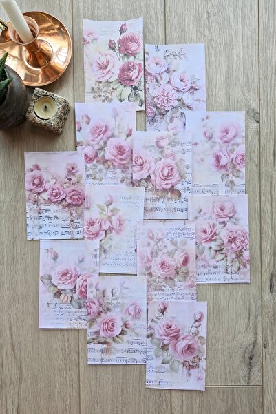 Mona Craftist 12 Adet Eskitme Vintage Pembe Gül Temalı Scrapbook Kağıt Seti B...