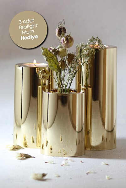 PRİME HOME 3 Lü Gold Krom Parlak Yüzey Mumluk Dekoratif  Tealight Set Mum Abs Plastik Altın