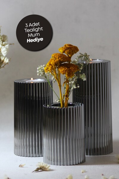 PRİME HOME 3 Lü Füme Krom Tırtıklı Yüzey Mumluk Dekoratif  Tealight Set Mum A...