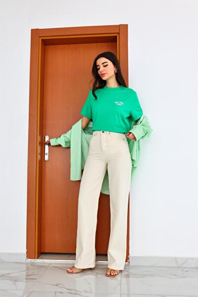 ByCukurovaFrango Penolope Ciel Ecru Palazzo Jean pentru femei