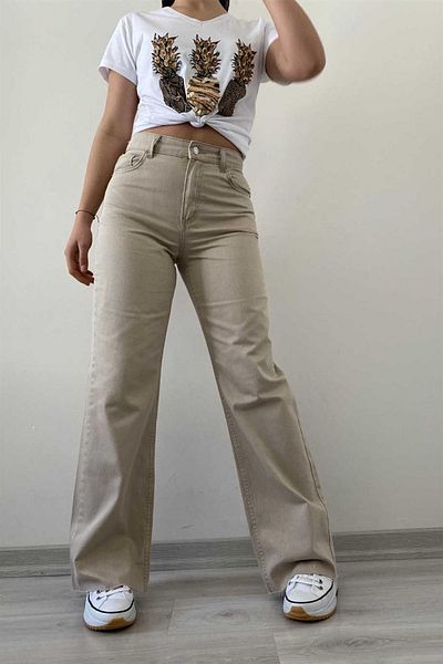 MAKRAS EXCLUSIVE Beige Colored Penolope Women's Jeans - Cut-Out and Wide Leg