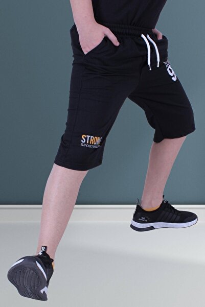 FYK COLLECTİON Черни капри с щампа Strong 95, ластик на талията и двоен джоб