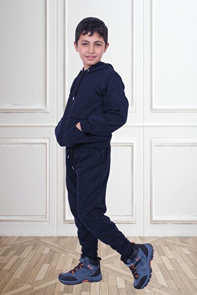 FYK COLLECTİON Комплект спортивної білизни з капюшоном та кишенями з кенгуру для хлопчика Duz темно-синій