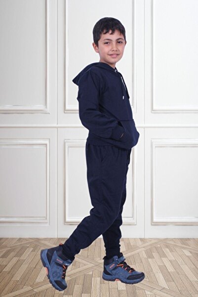 FYK COLLECTİON Комплект спортивної білизни з капюшоном та кишенями з кенгуру для хлопчика Duz темно-синій