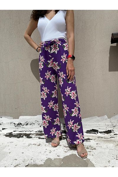 520CK Women's Viscose Fabric Wide Leg Patterned - Summer Trousers