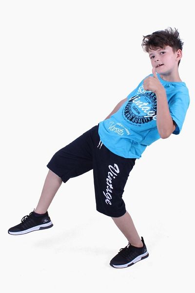 FYK COLLECTİON Vintage 95 Summer Printed Boy's Summer Bottom-Top Turquoise Suit