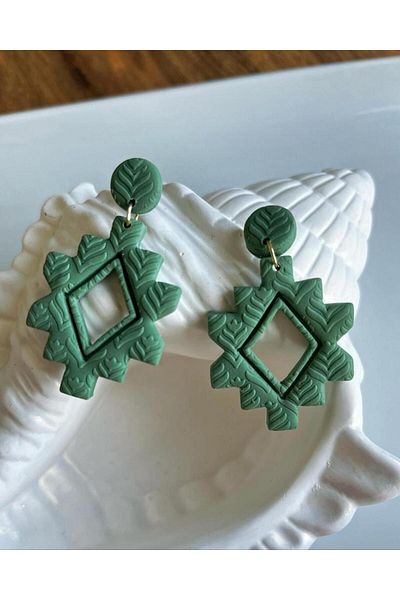 Gizy Store Polymer Clay Handmade Green Aztec Patterned Earrings