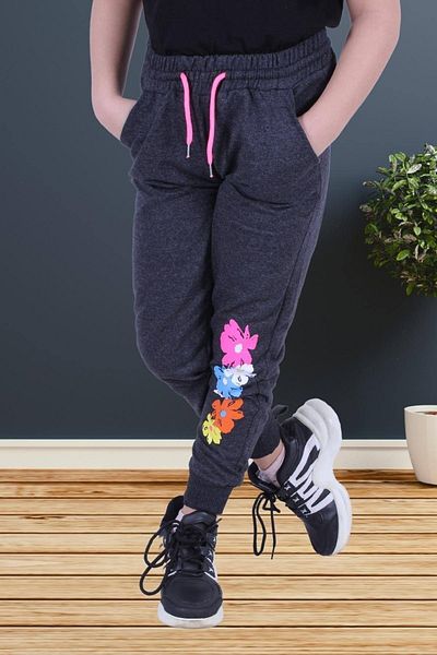 FYK COLLECTİON Pantaloni de sport antracit pentru fete cu imprimeu floral, cu buzunare duble, cu detaliu elastic în talie