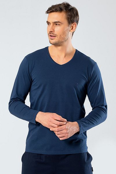 Cacharel 1334 Tricou cu mânecă lungă Indigo cu decolteu în V pentru bărbați