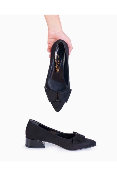 Ayalbuzenne Black Luxury Suede Ballerina Shoes with Airplane Bow and Patent Leather Combination
