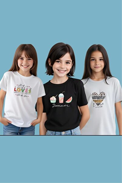 FYK COLLECTİON Set de tricouri din 3 piese cu imprimeu pentru fete