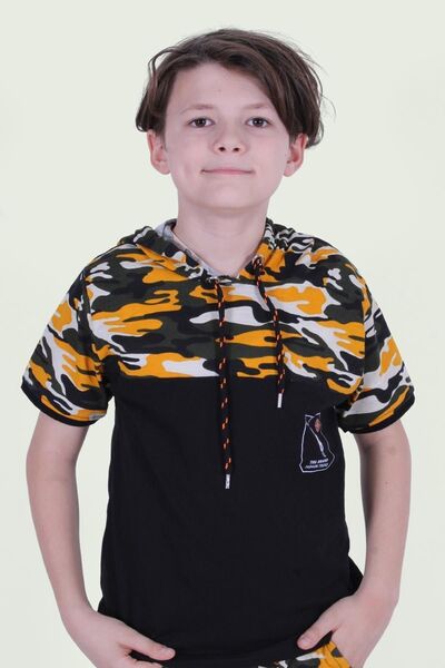 FYK COLLECTİON Жълта тениска с камуфлажен шарен мотив за момче с качулка